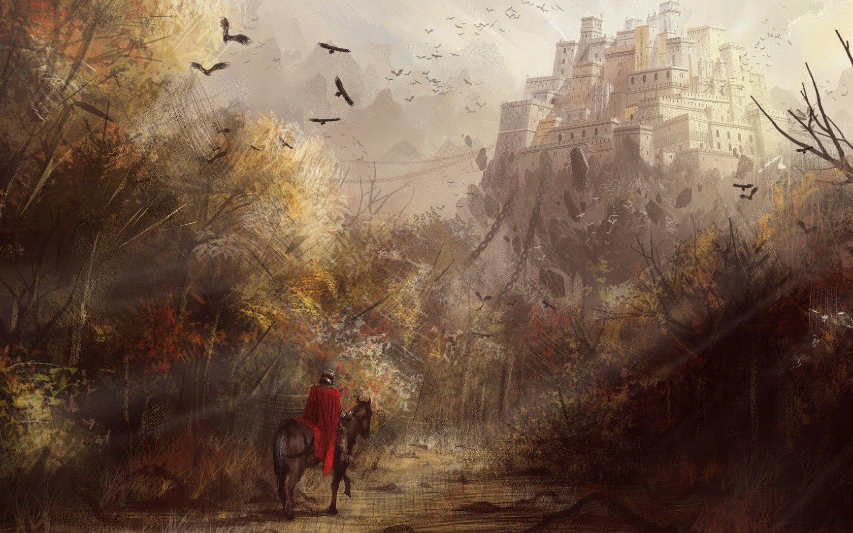 Castillo, Dibujo, Caballero, Medieval, Árboles, Aves 4K HD wallpaper