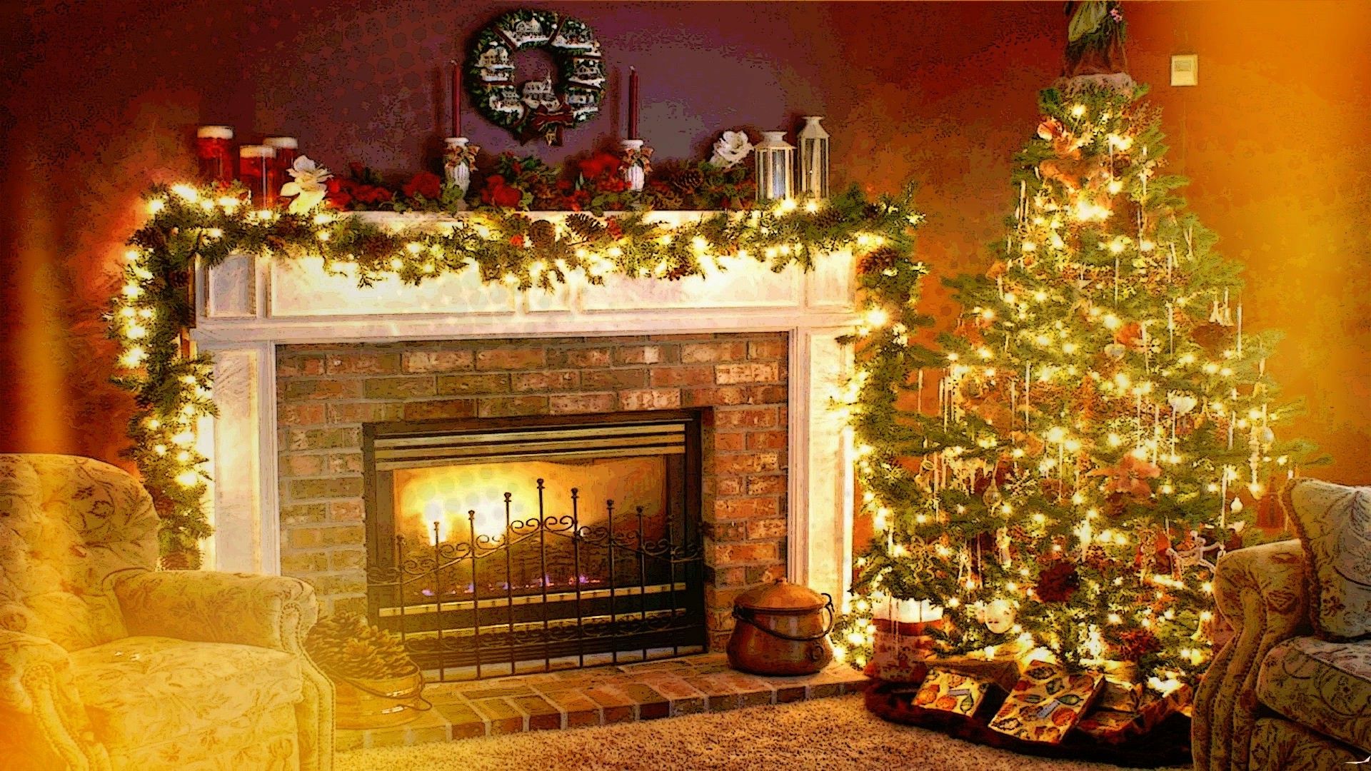 Navidad, Vacaciones, Chimenea, Interiores, Bienvenido a casa Fondos de pantalla HD