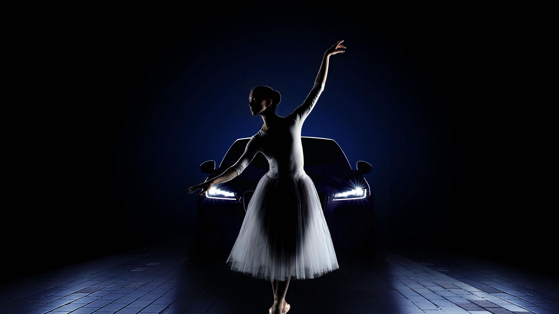 Descargar fondo de pantalla 1920x1080 bailarina, coche, niña, luces, jaguar