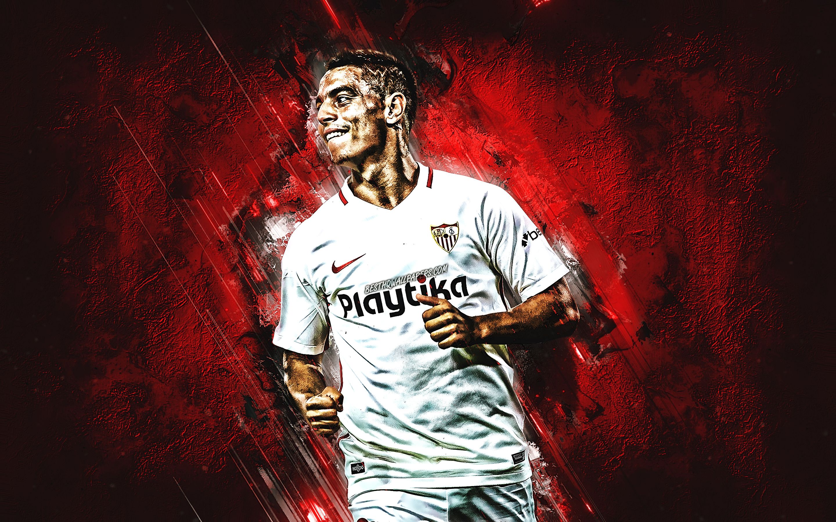 Descargar fondos de pantalla Wissam Ben Yedder, piedra roja, Sevilla FC, alegría