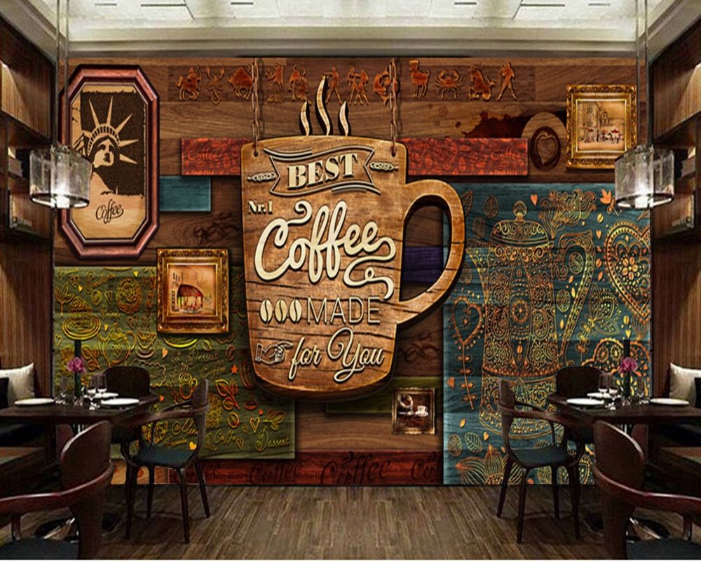 US $ 13.0 48% DE DESCUENTO | Papel tapiz personalizado para tienda de alimentos, café con patrón de madera, mural retro 3D para la pared de fondo del restaurante cafe hotel