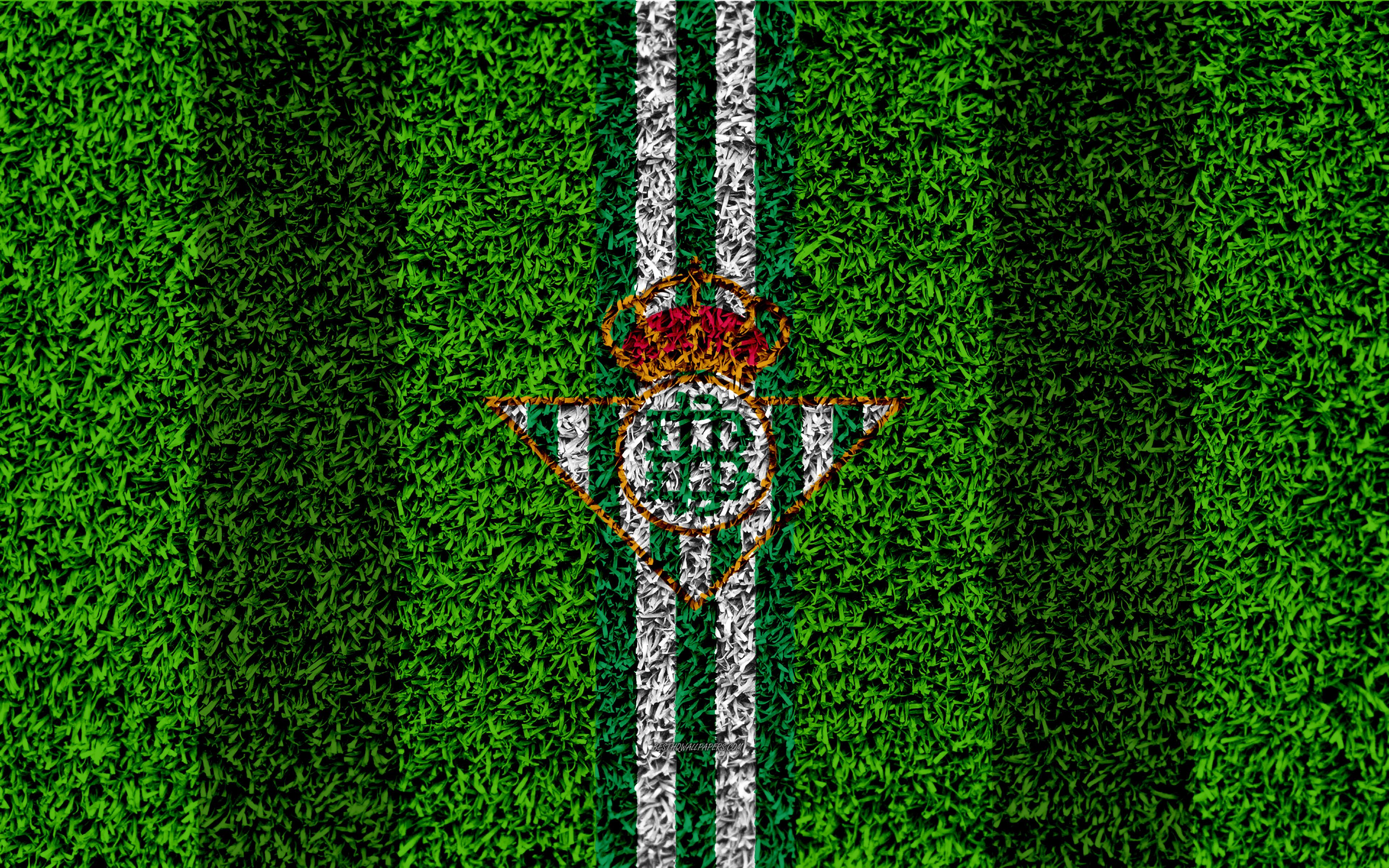 Descargar fondos de pantalla Real Betis FC, 4k, logo, campo de fútbol, español