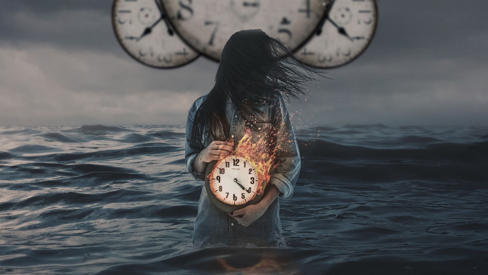 Descargar fondo de pantalla 1920x1080 reloj, fuego, niña, photoshop, tiempo completo