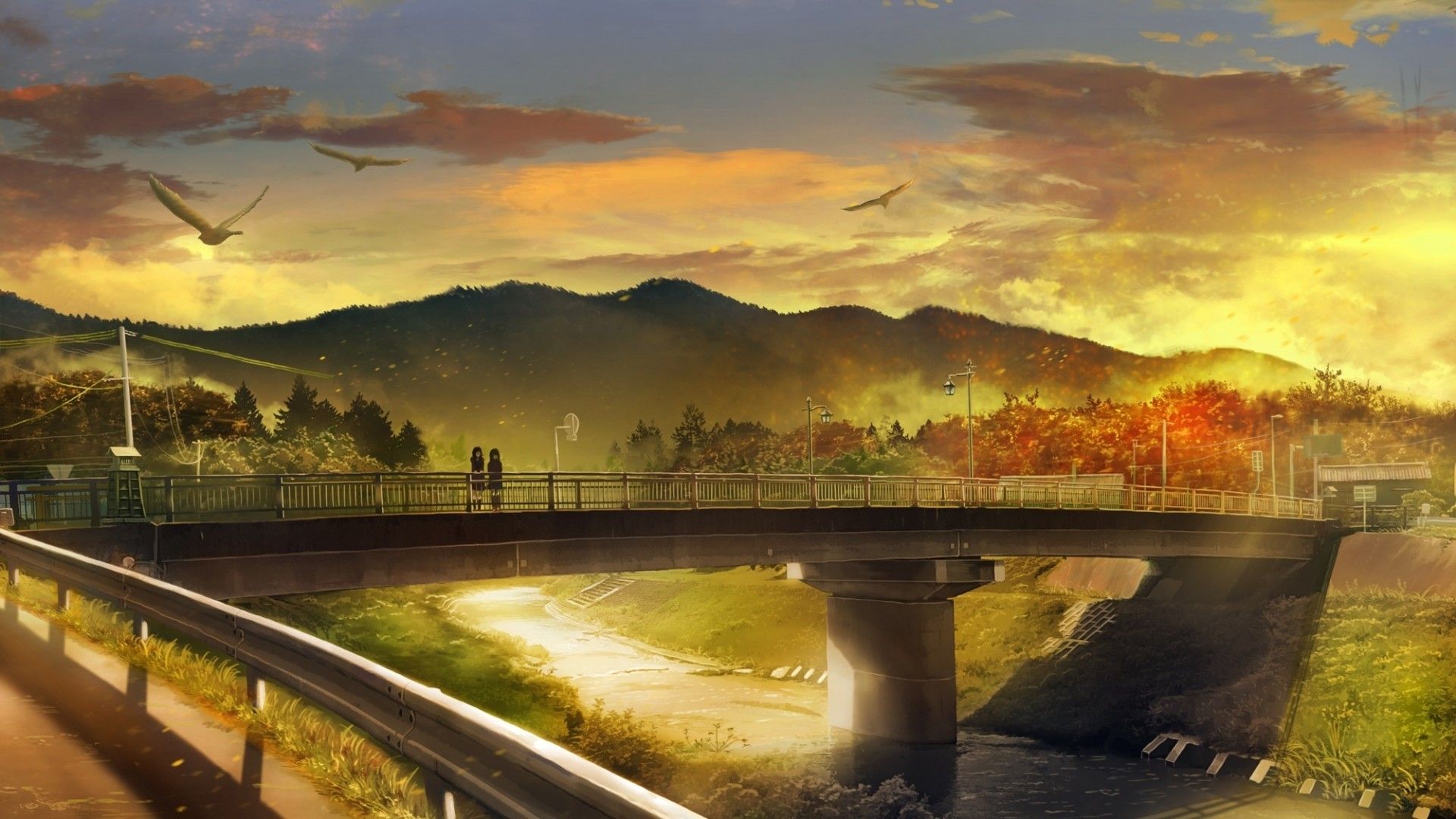 Descargar 1920x1080 Anime Paisaje, Chicas, Puente, Río, Otoño