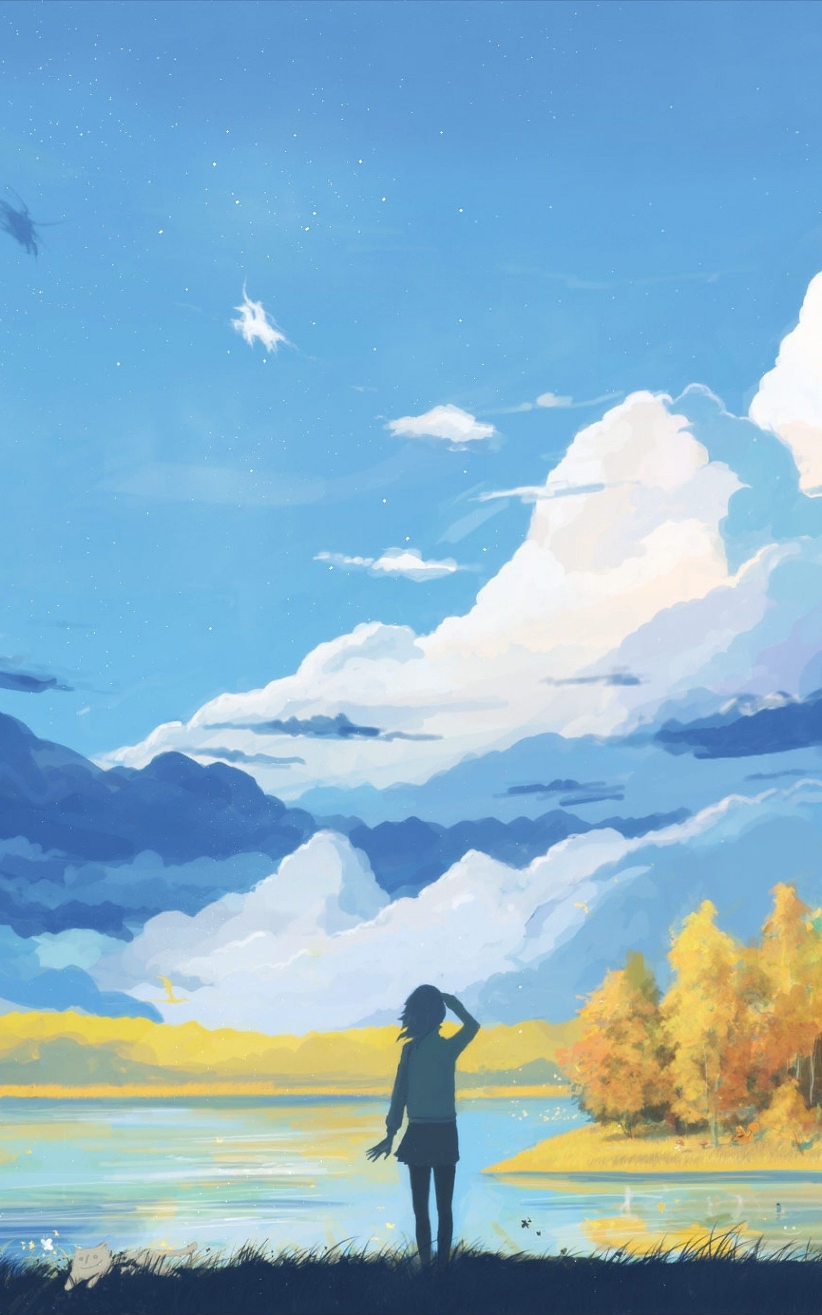 Descargar 1600x2560 Anime Landscape, Girl, Mountain, Relaxing, Trees