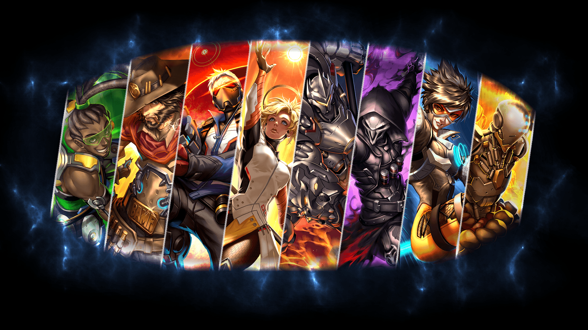 Fondo de pantalla Overwatch, Héroes, Trazador, Reinhardt, Lucio, Mercy, Mccree
