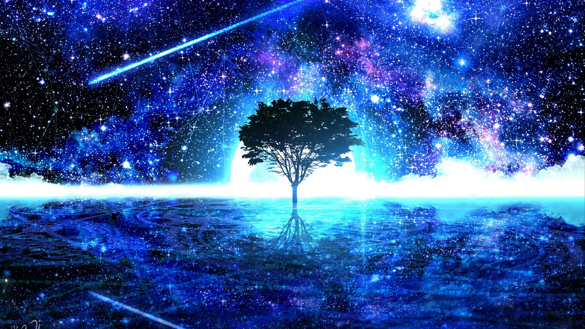 Descargar fondo de pantalla 1920x1080 árbol, brillo, arte, estrellas, brillante full hd