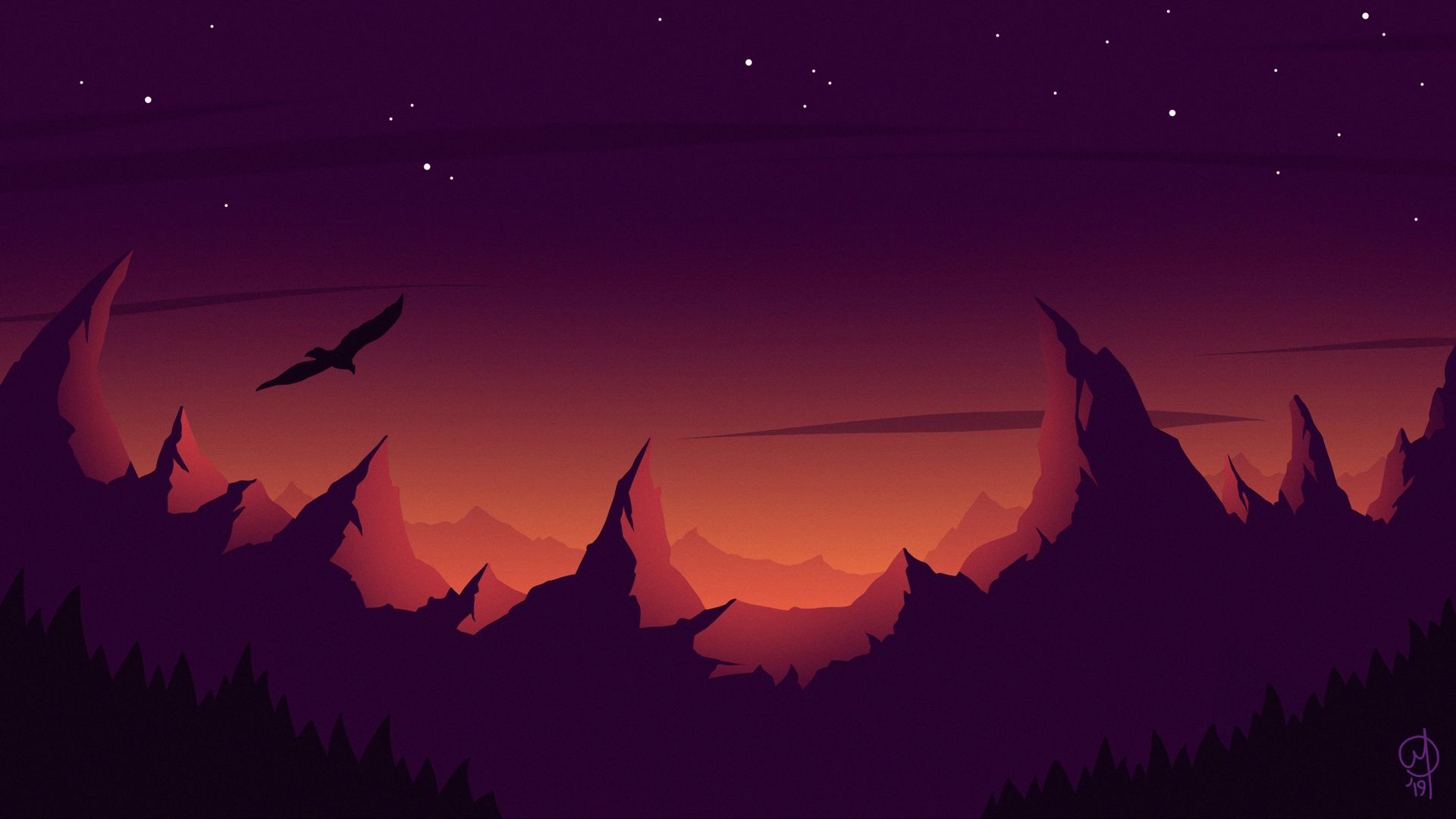 Descargar fondo de pantalla 1920x1080 pájaro, silueta, vector, montañas