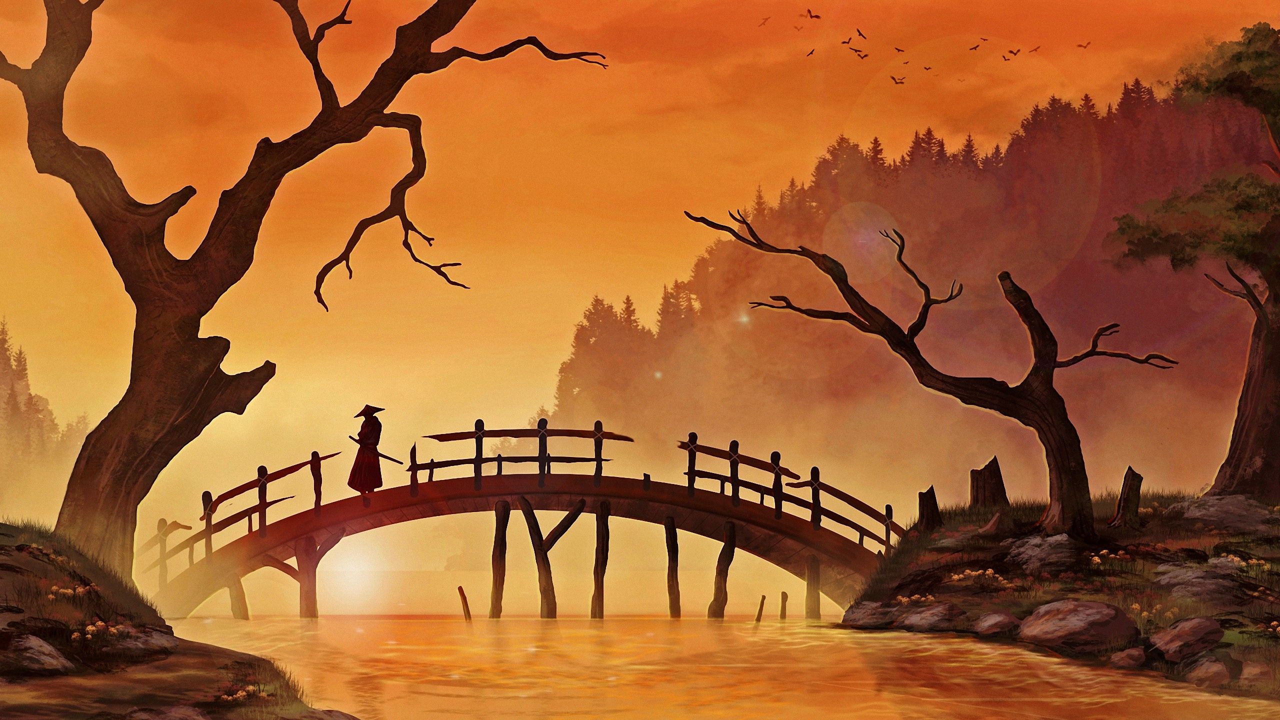 Descargar fondo de pantalla río puente japón, 2560x1440, paisaje japonés