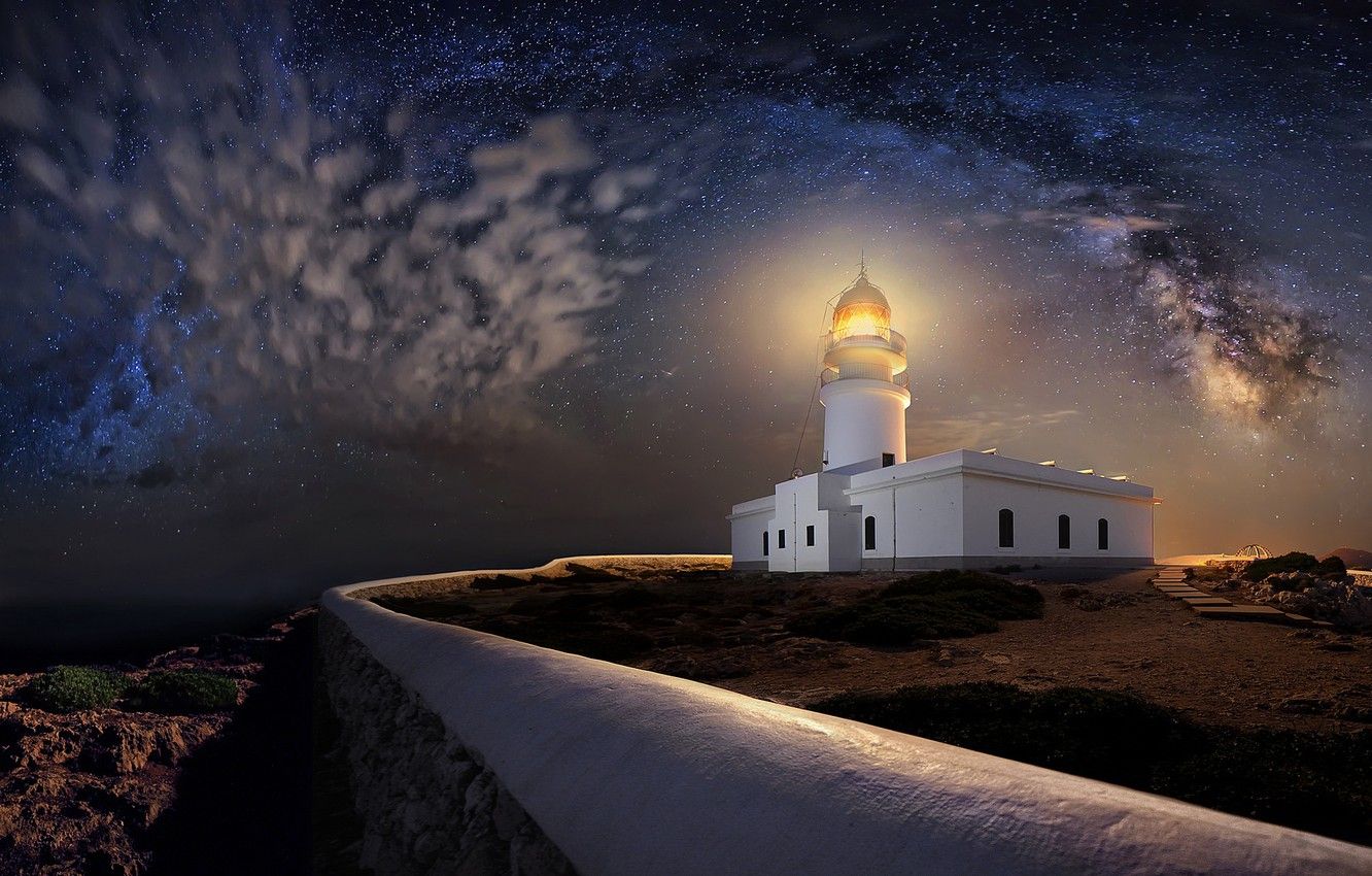 Fondo de pantalla nocturno, faro, estrellas, España, España, Islas Baleares