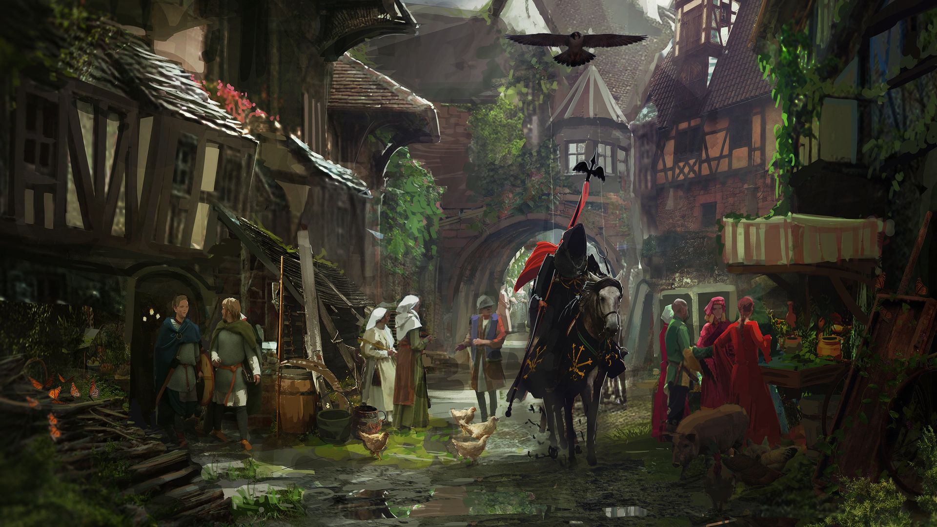 1920x1080 la edad media, la ciudad, caballero, pueblo medieval, caballo