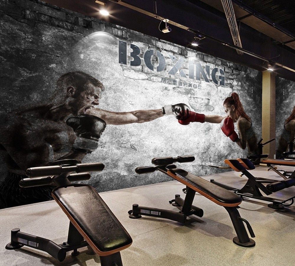 US $ 17.0 50% OFF | Envío gratis Nice Looking Gym Wallpaper Personalizado 3D Boxing Hombres y mujeres Gym Decoración Wall Cool Retro Cheap Gym Wallpaper-in