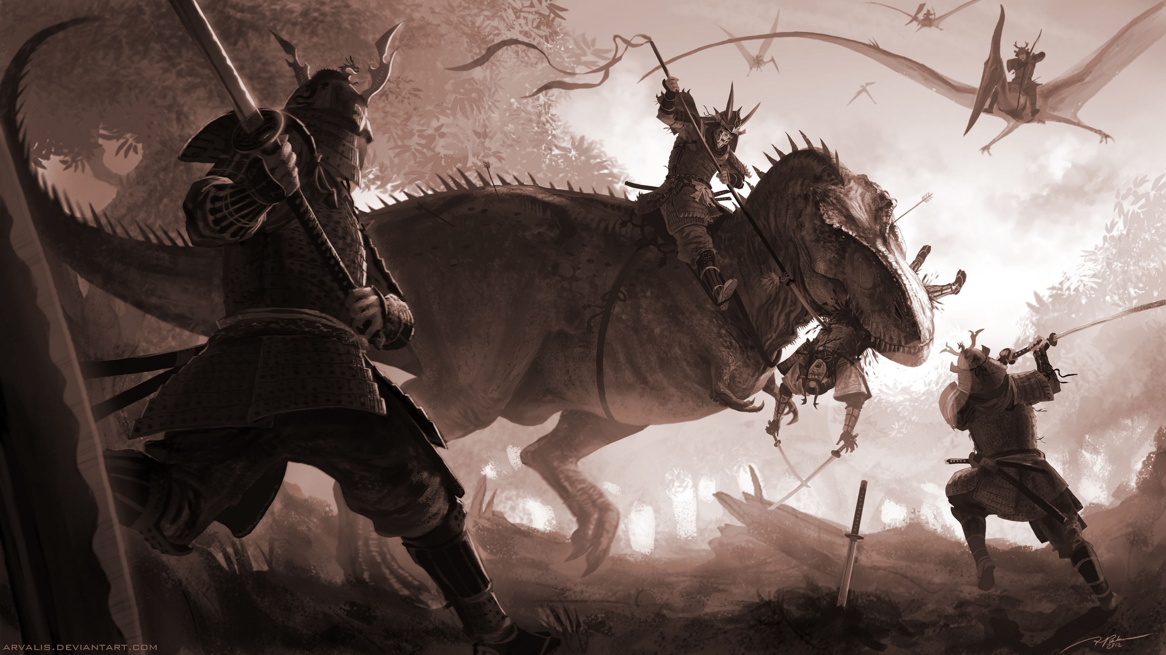 samurai, guerrero, arte de fantasía, dinosaurios :: Fondos de pantalla