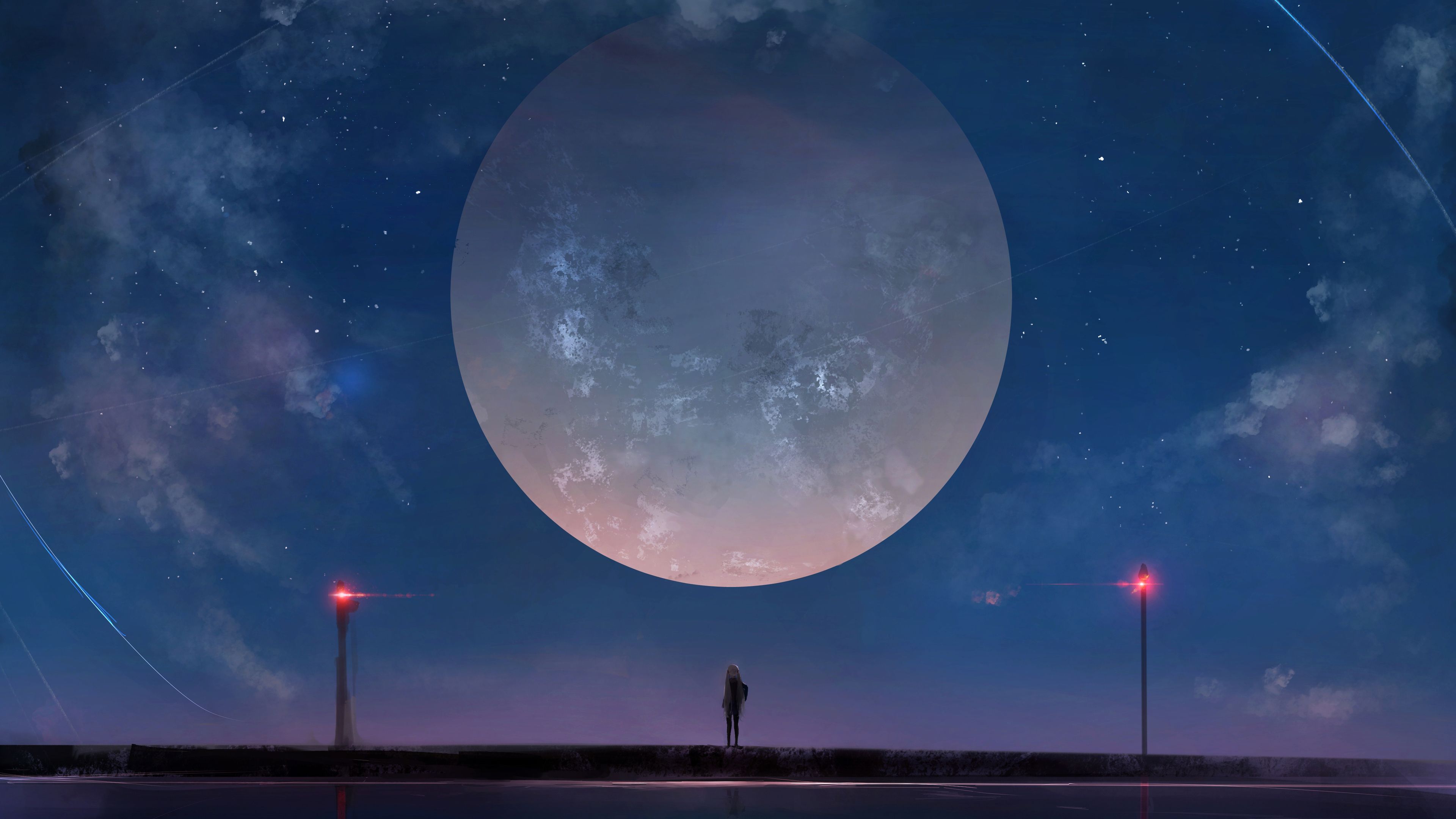 Fondo de pantalla 4k Huge Moon Anime Girl Night Sky Stars 4k-fondos de pantalla