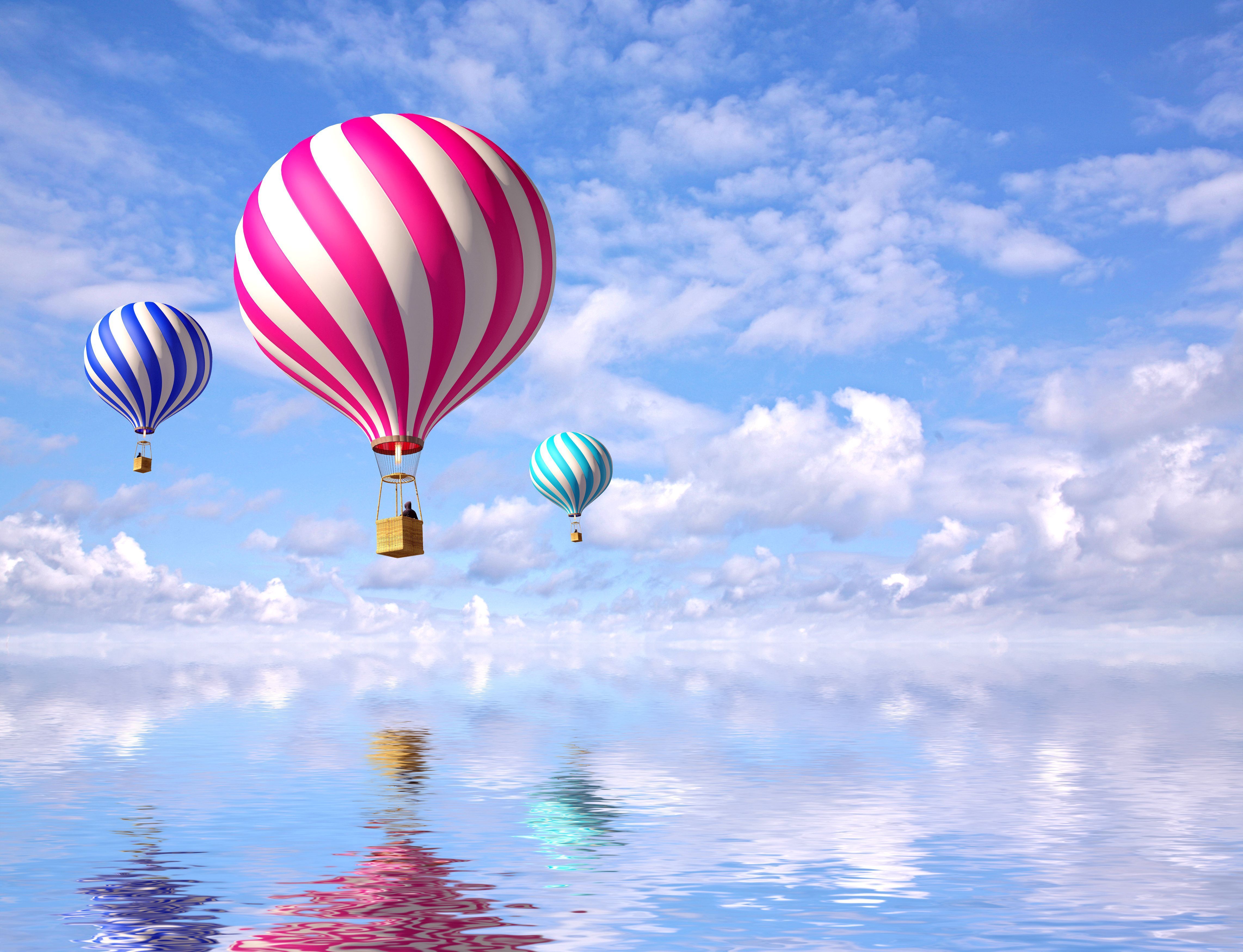 Fondo de pantalla Globos aerostáticos, Colorido, Reflexiones, Nubes, 4K
